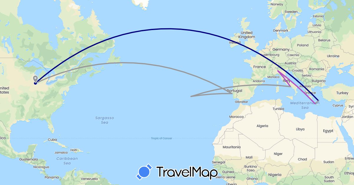 TravelMap itinerary: driving, plane, train in Greece, Italy, Portugal, United States (Europe, North America)